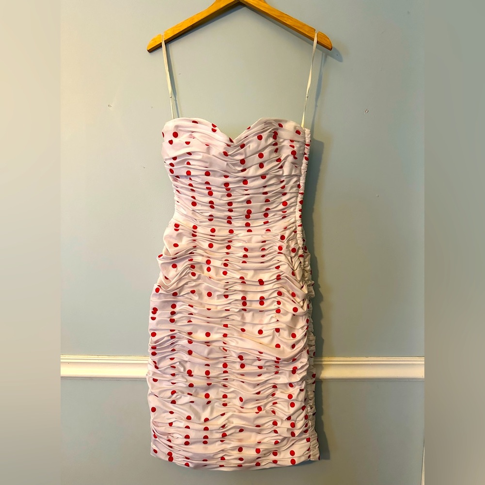1980s Victor Costa ruched strapless dress in red and white polka dot.